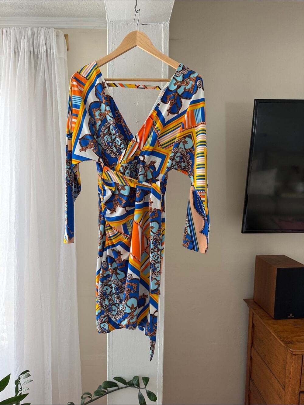 Wrap Dress Size S | Blue Orange Baroque Print | Long Sleeve Mini Y2K